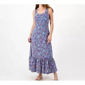 Lands' End Square Neck Tiered Maxi Dress Sz Petite Large 14-16 Teal Ditsy Floral